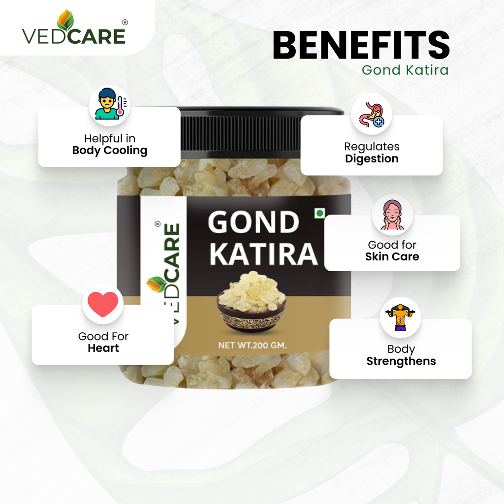 Vedcare Gond Katira packaging with benefits listed on a white background