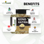 Vedcare Gond Katira packaging with benefits listed on a white background