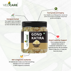 Vedcare Gond Katira packaging with product details on a white background