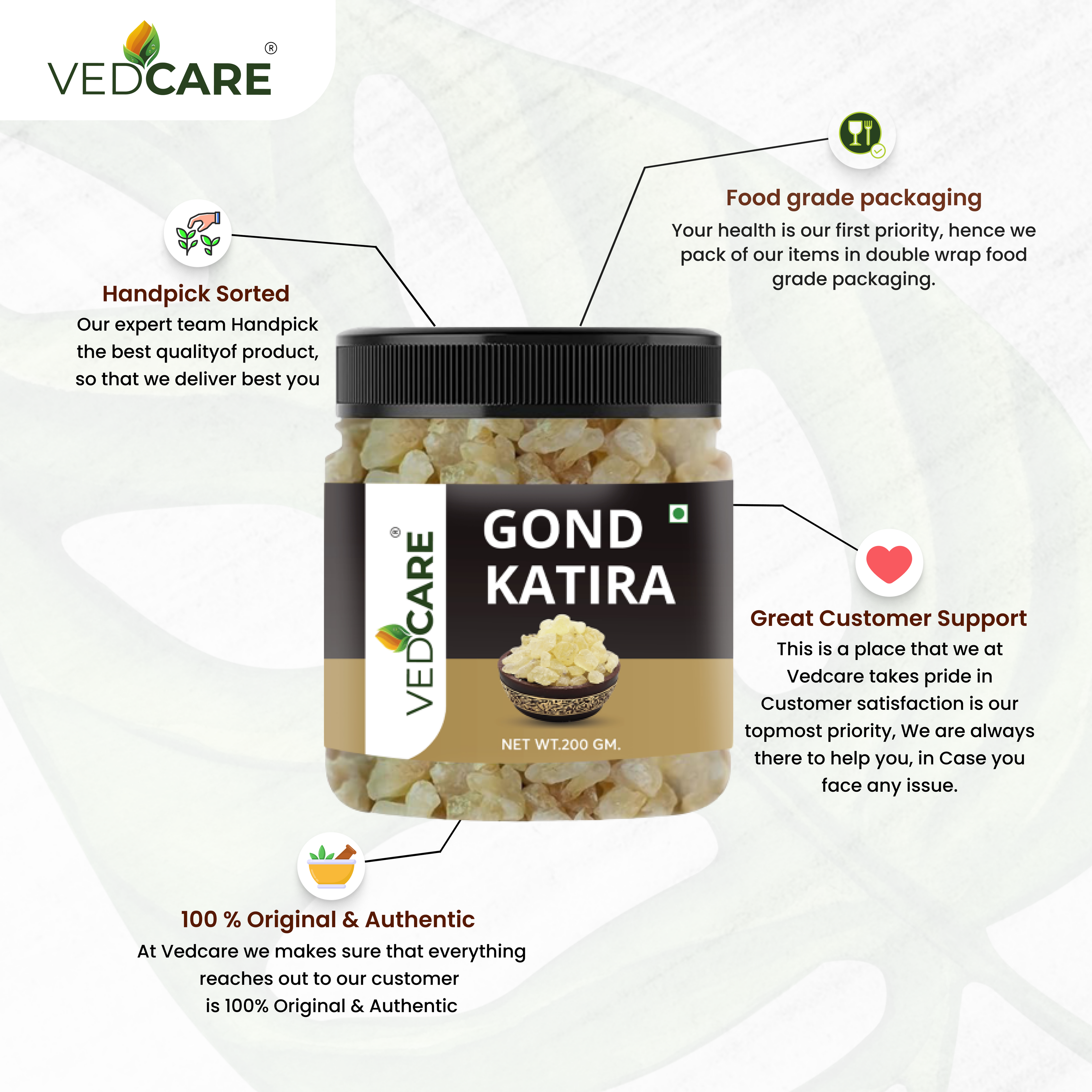 Vedcare Gond Katira packaging with product details on a white background