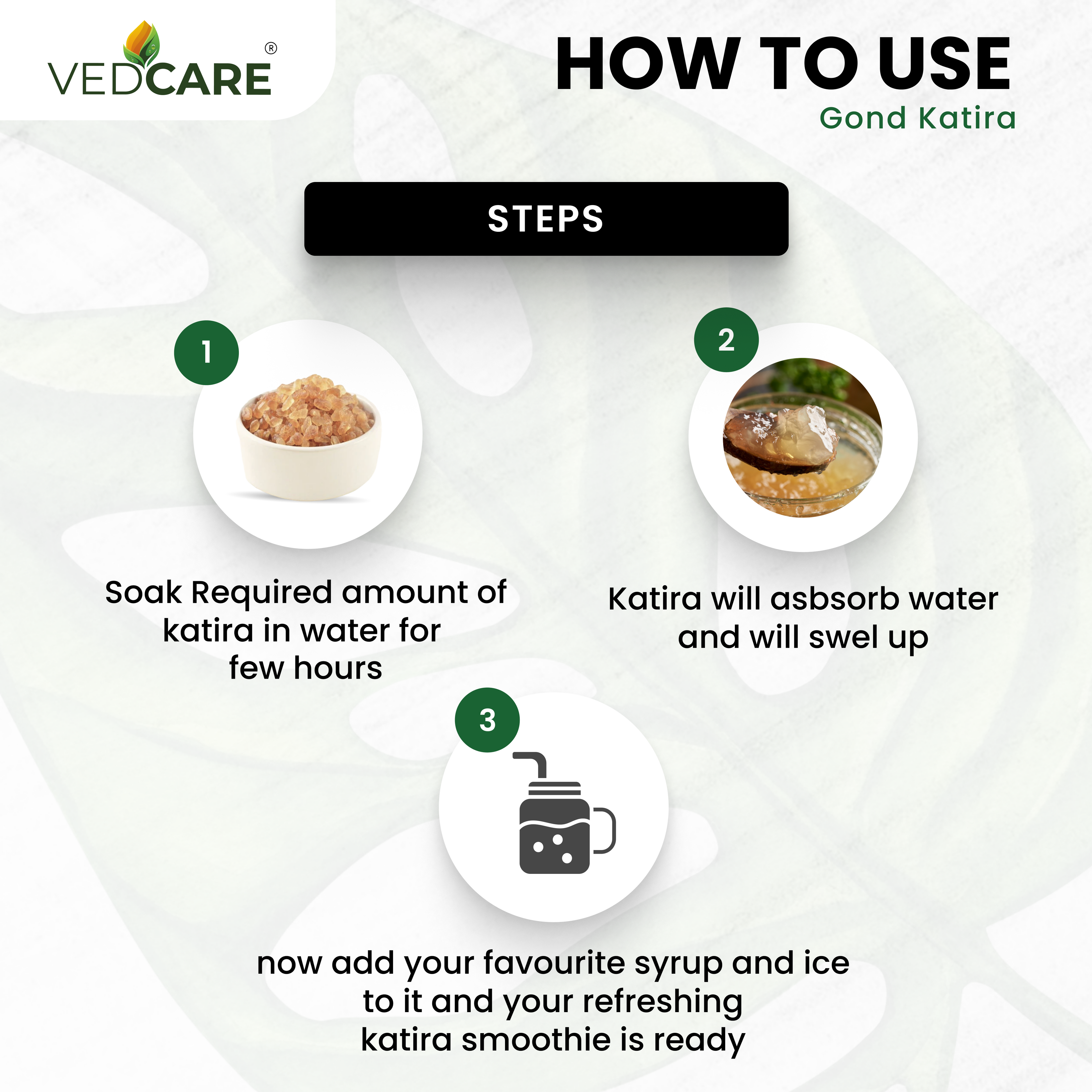 Vedcare Gond Katira usage instructions with step-by-step guide on a white background