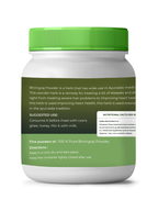 Bhhringraj powder container with green lid and label on a white background