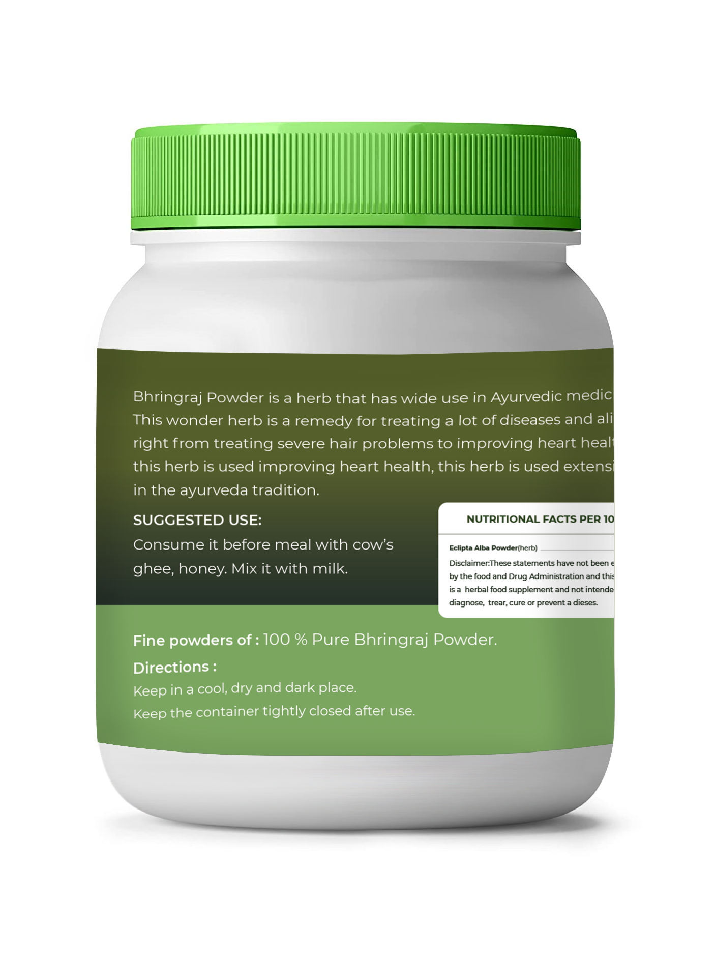 Bhhringraj powder container with green lid and label on a white background
