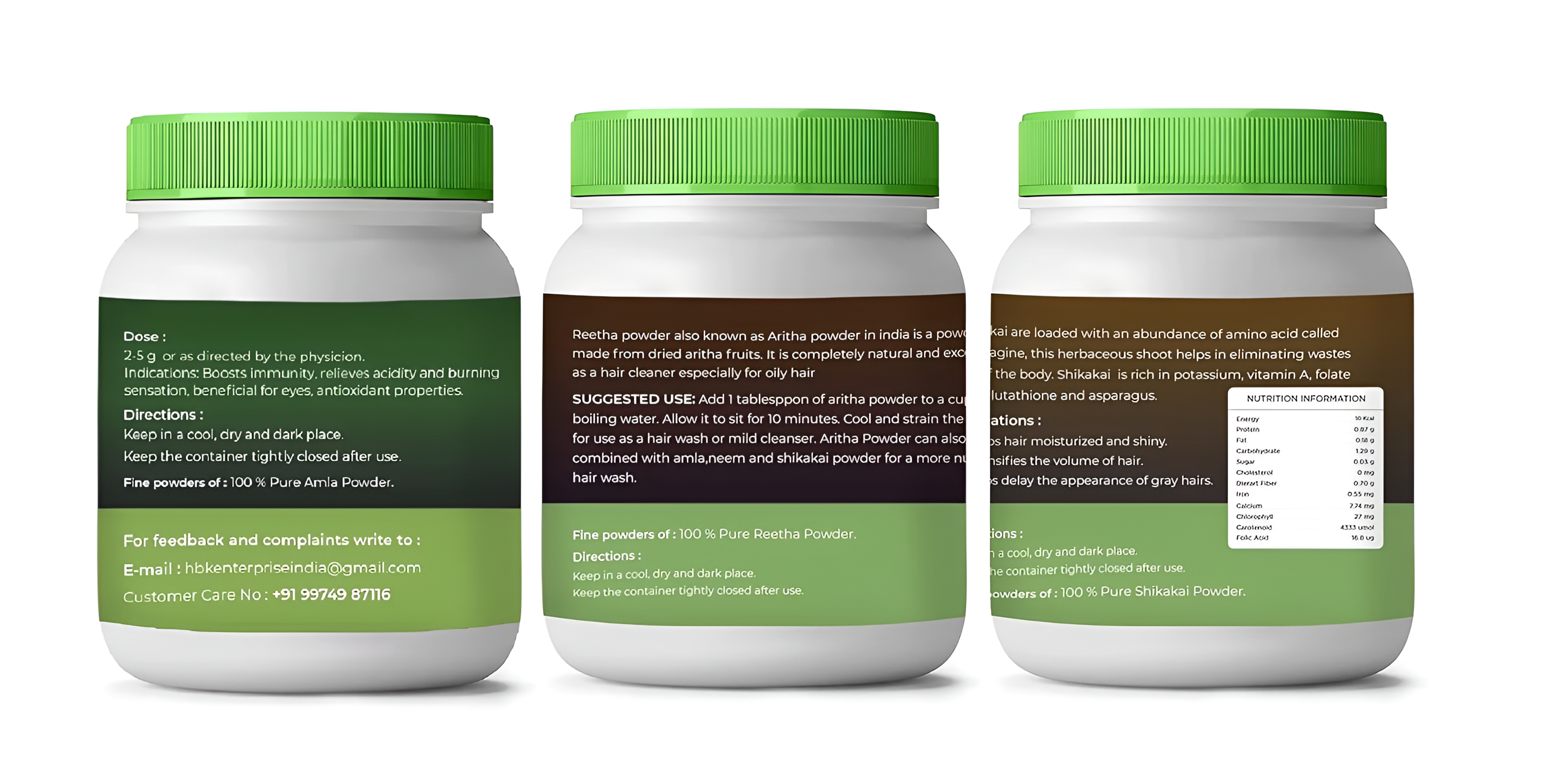 Three white jars with green lids on a white background