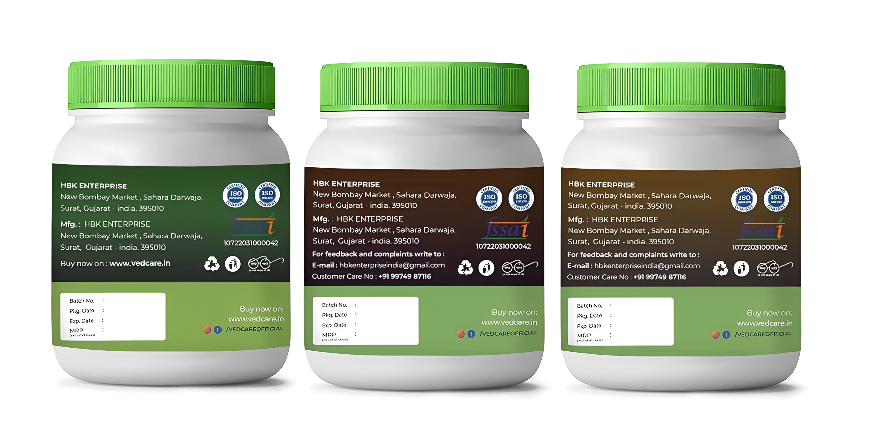 Three containers with green lids and labels on a white background