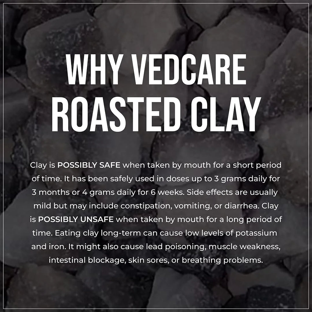 Text about Vedcare roasted clay with a black and white background