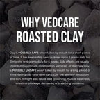 Text about Vedcare roasted clay with a black and white background