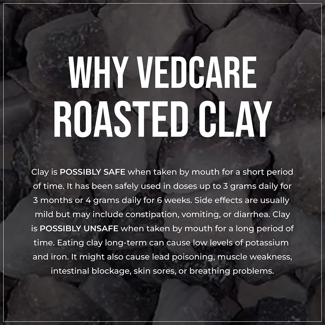 Text about Vedcare roasted clay with a black and white background