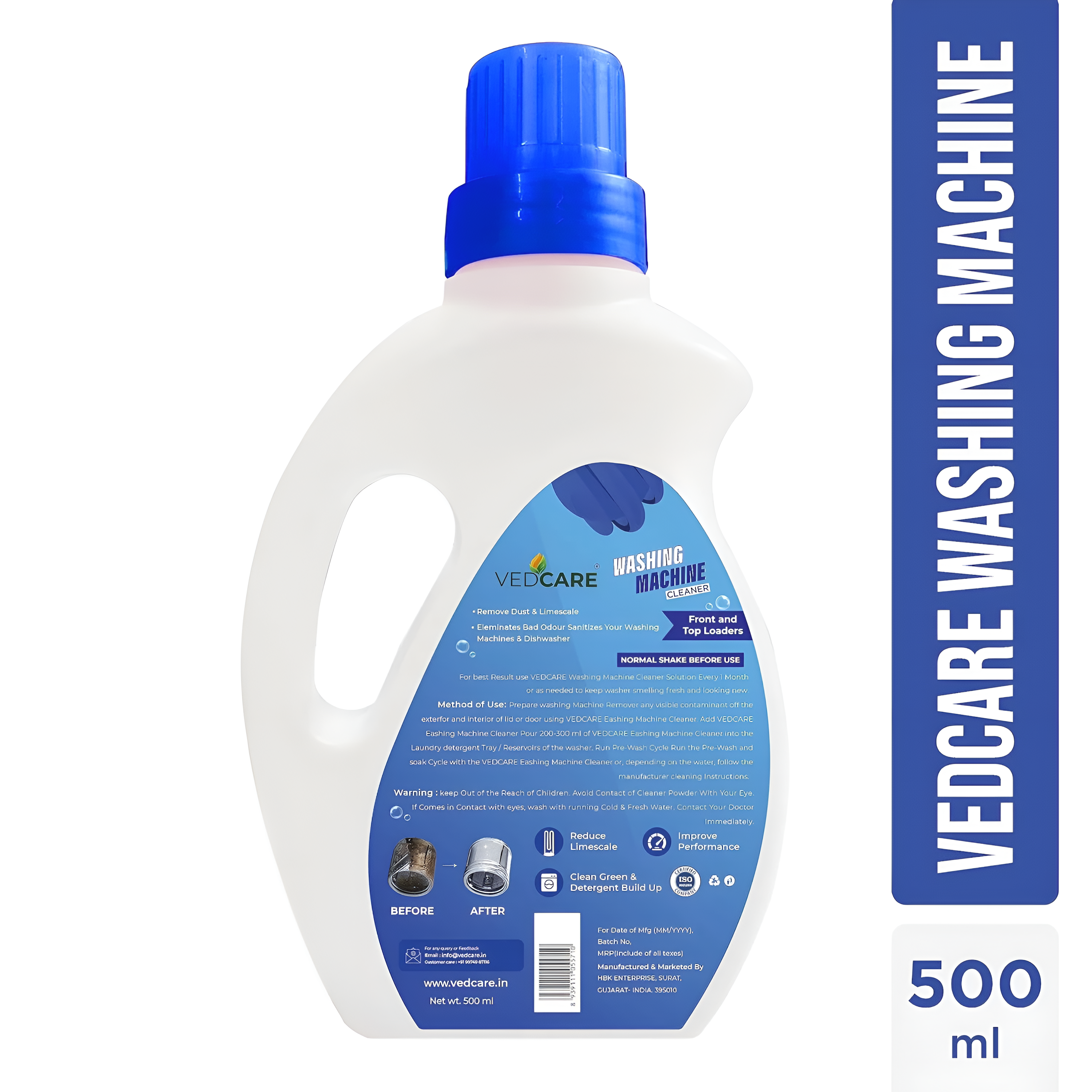 Vedcare washing machine detergent bottle with blue cap and label on a white background