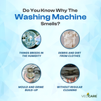 Infographic explaining why washing machines smell with icons and text on a light blue background.