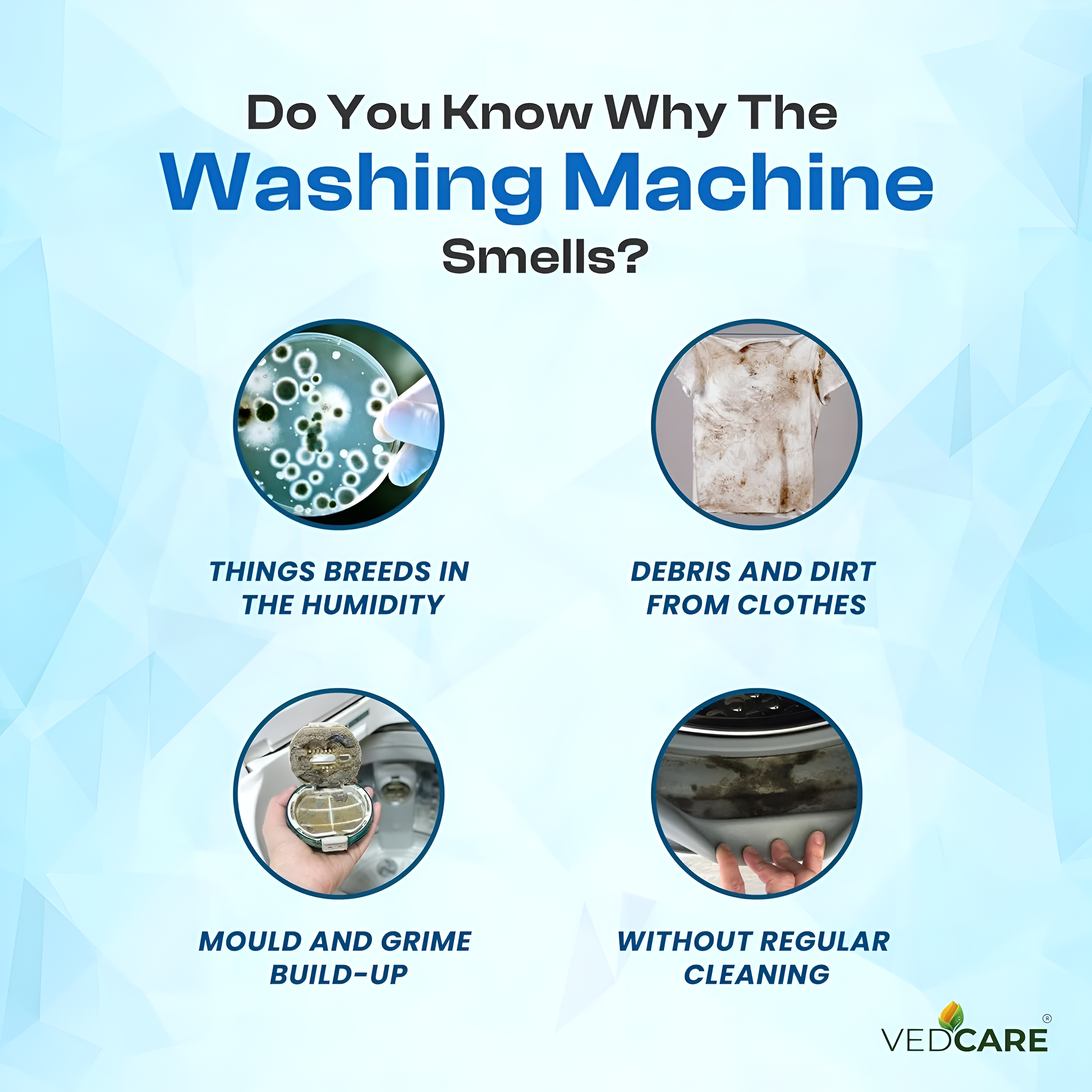 Infographic explaining why washing machines smell with icons and text on a light blue background.