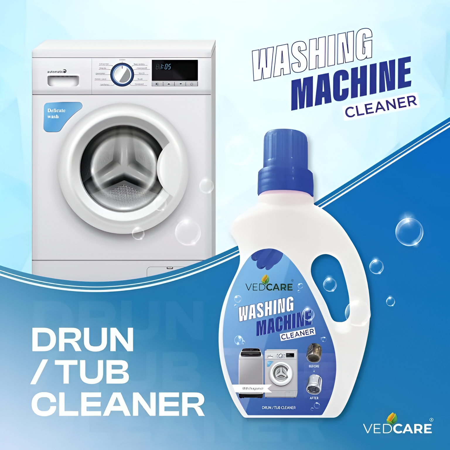 Washing machine and Vedicare washing machine cleaner bottle on a blue background