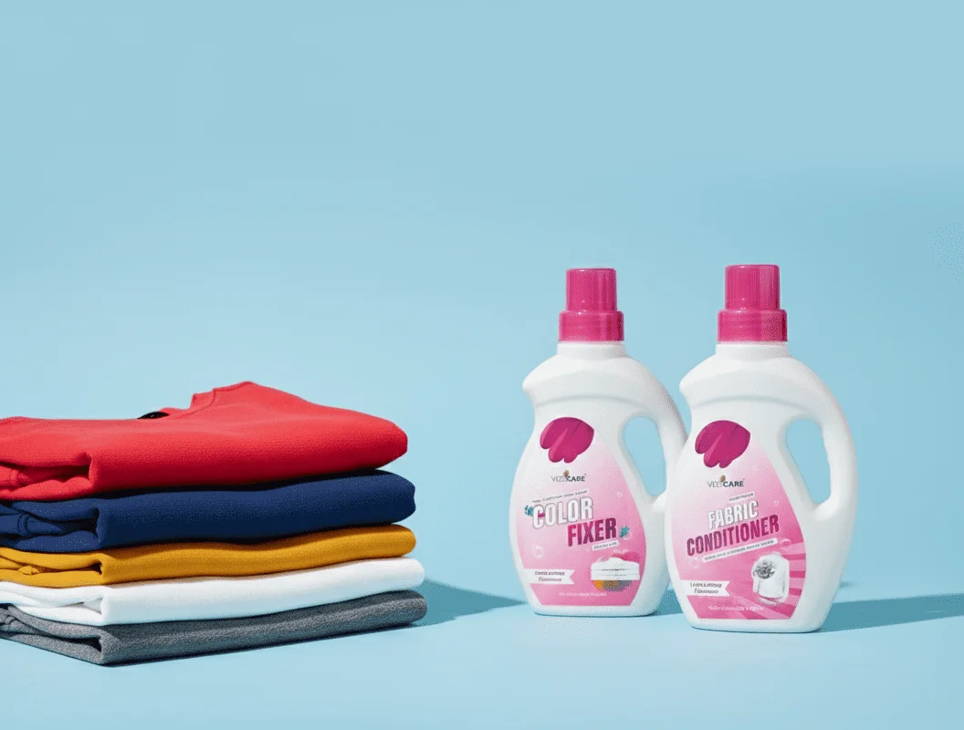 Two bottles of fabric care products with a stack of colorful clothes on a blue background