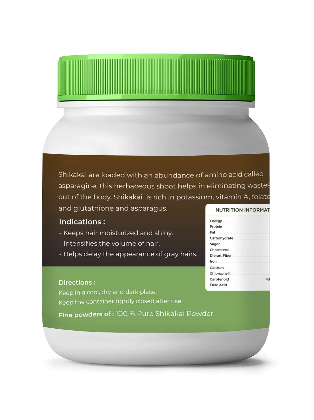 White container with green lid and label on a white background