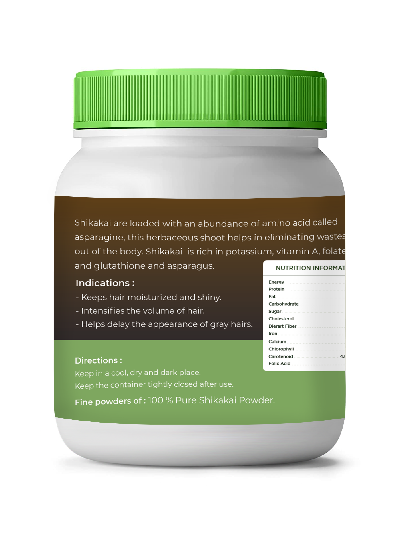 White container with green lid and label on a white background