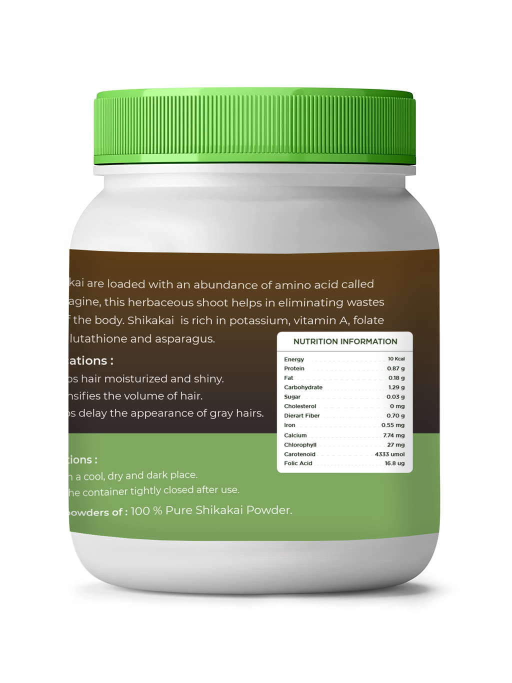 White supplement container with green lid and label on a white background