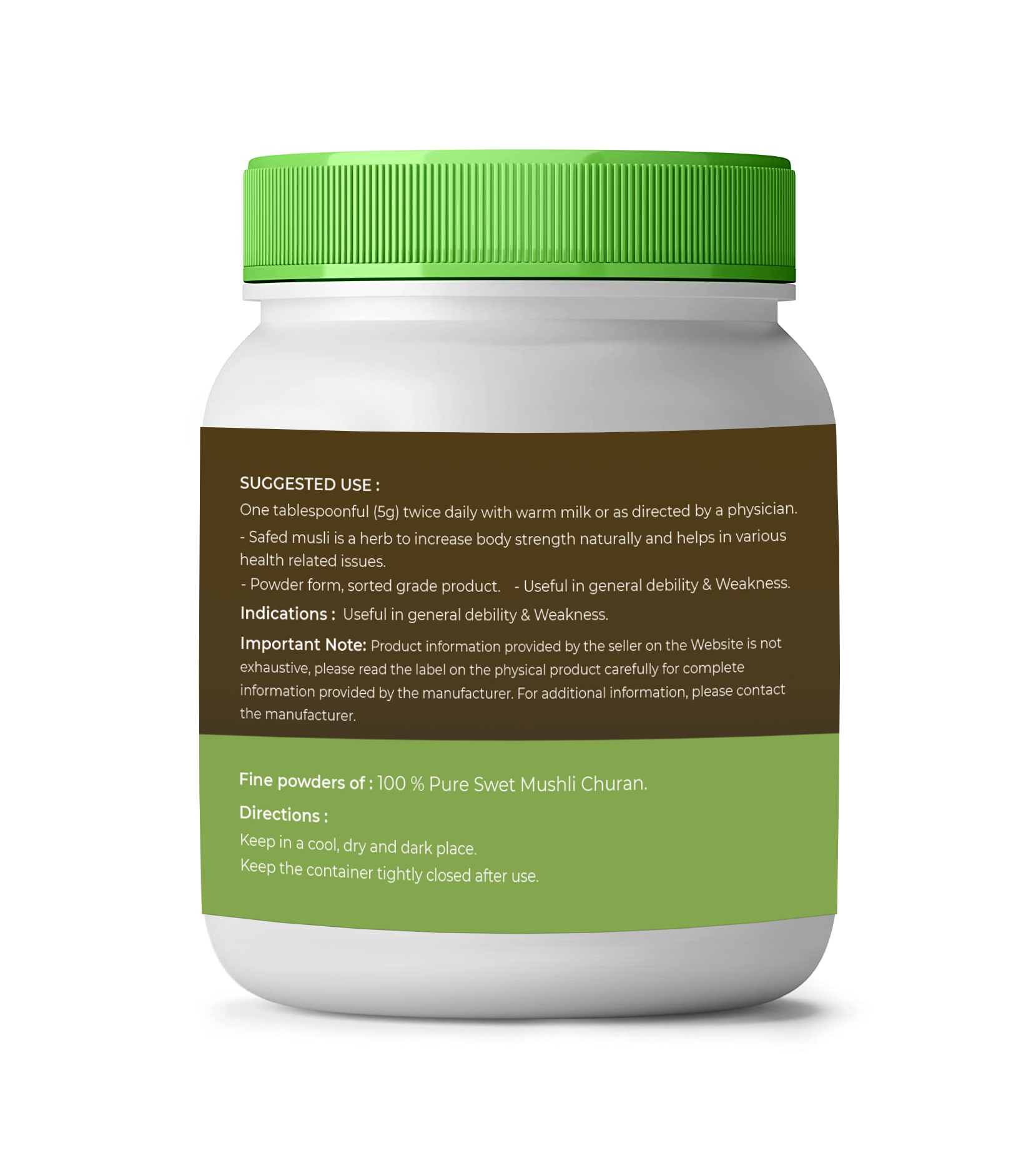 White container with green lid and label on a white background