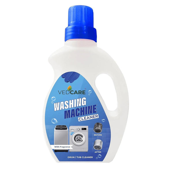 VedCare washing machine cleaner bottle with blue cap on a white background